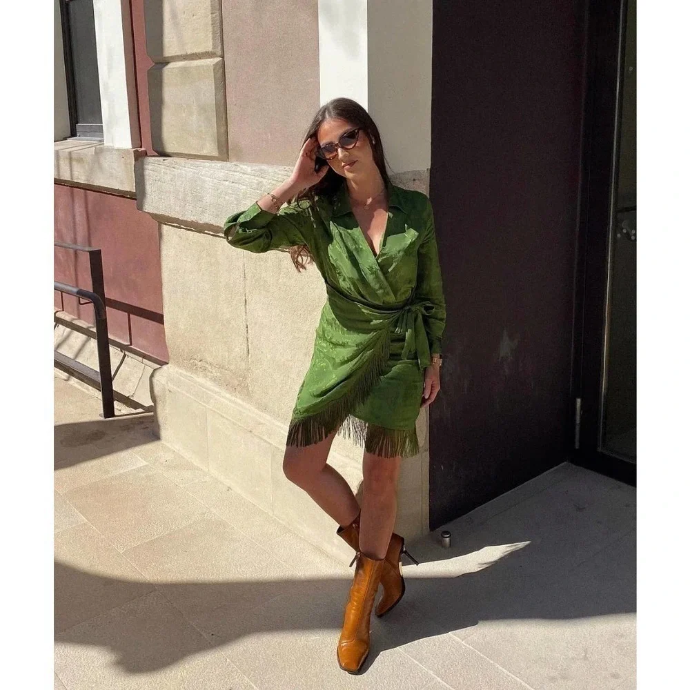 ZARA fringed Jacquard wrap dress green 2157/035 - Picture 13 of 16